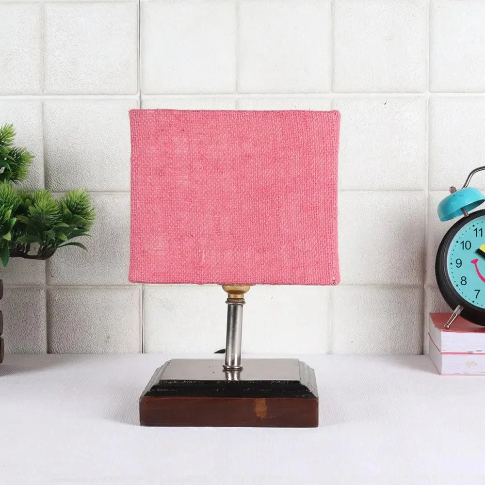 Square Wood Table Lamp with Pink Jute Shade Single Piece