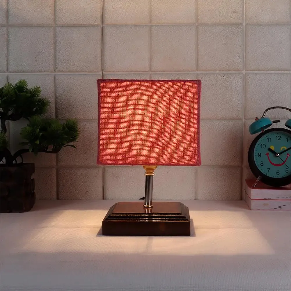 Square Wood Table Lamp with Pink Jute Shade Single Piece