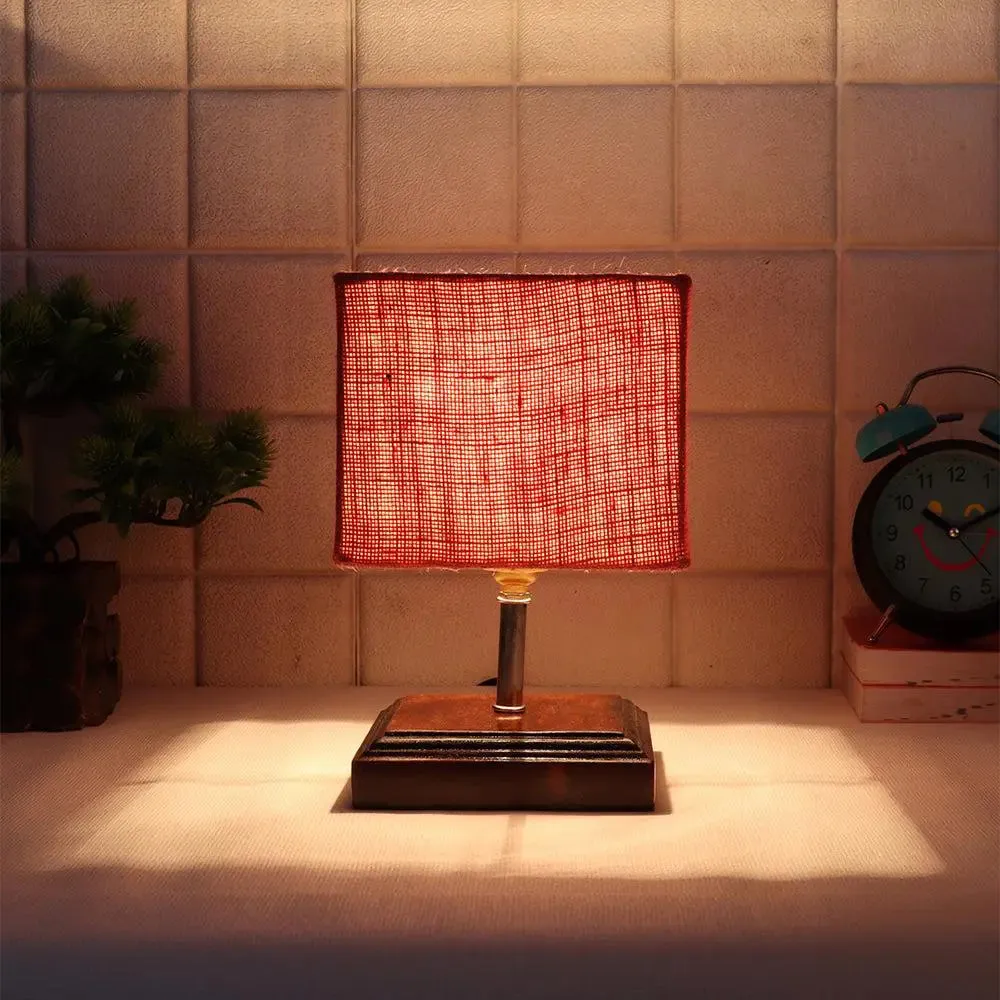 Square Wood Table Lamp with Pink Jute Shade Single Piece