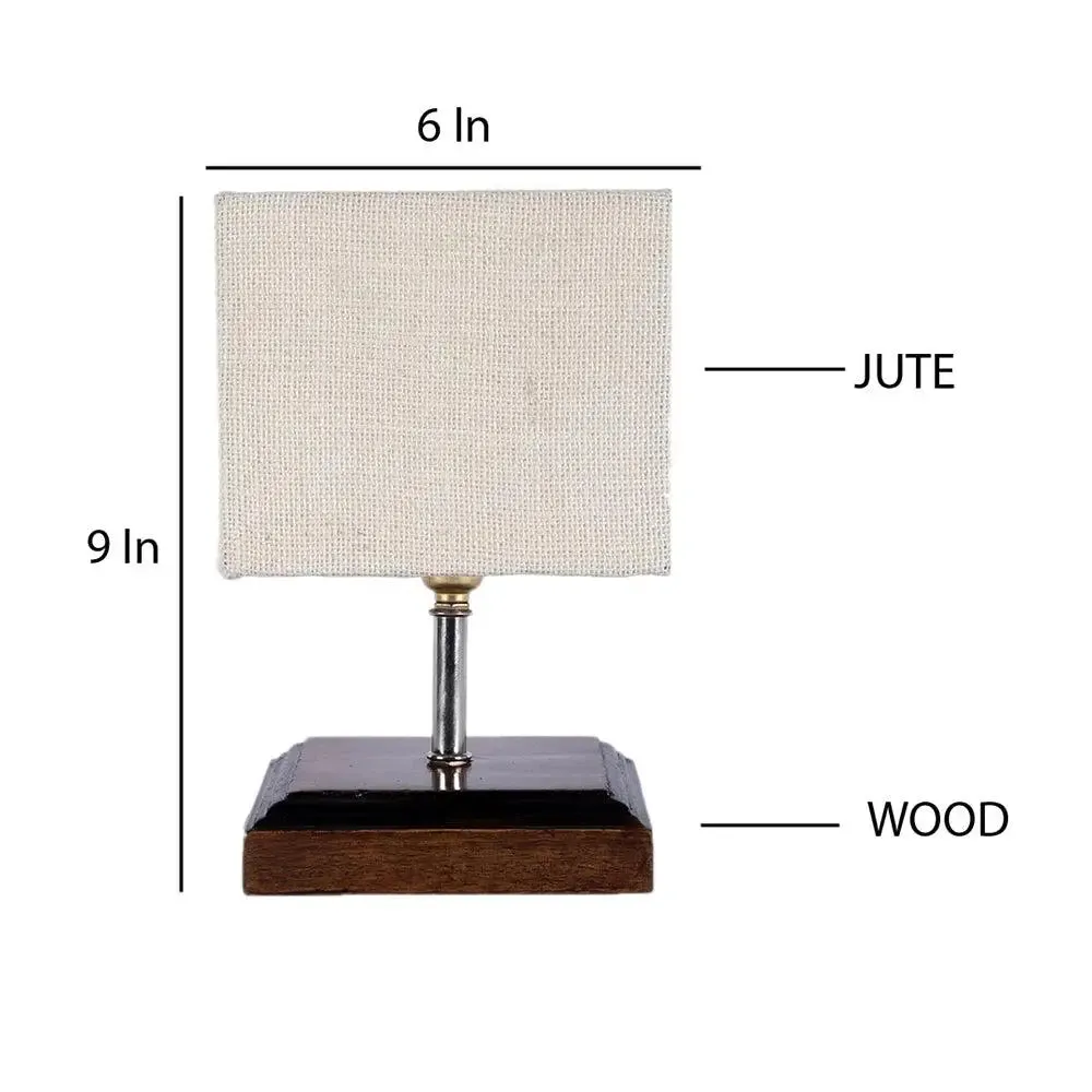 Square Wood Table Lamp with White Jute Shade Single Piece