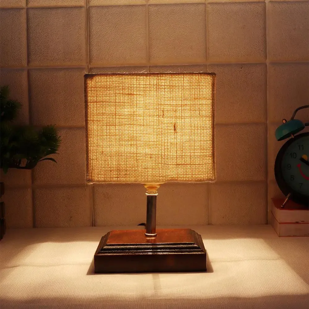 Square Wood Table Lamp with White Jute Shade Single Piece