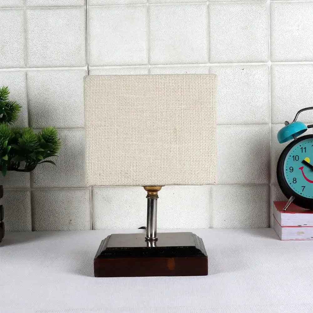 Square Wood Table Lamp with White Jute Shade Single Piece