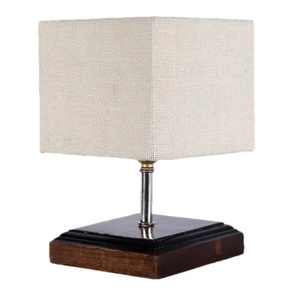 Square Wood Table Lamp with White Jute Shade Single Piece