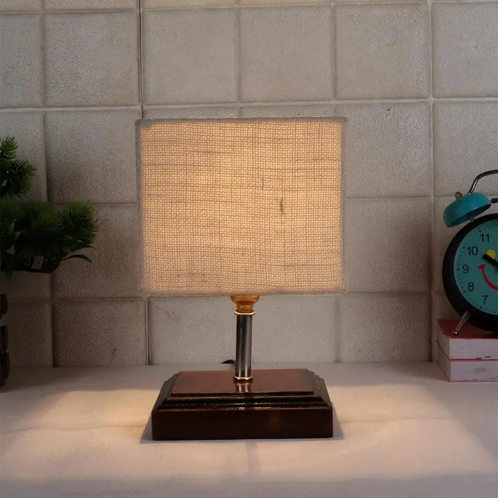 Square Wood Table Lamp with White Jute Shade Single Piece