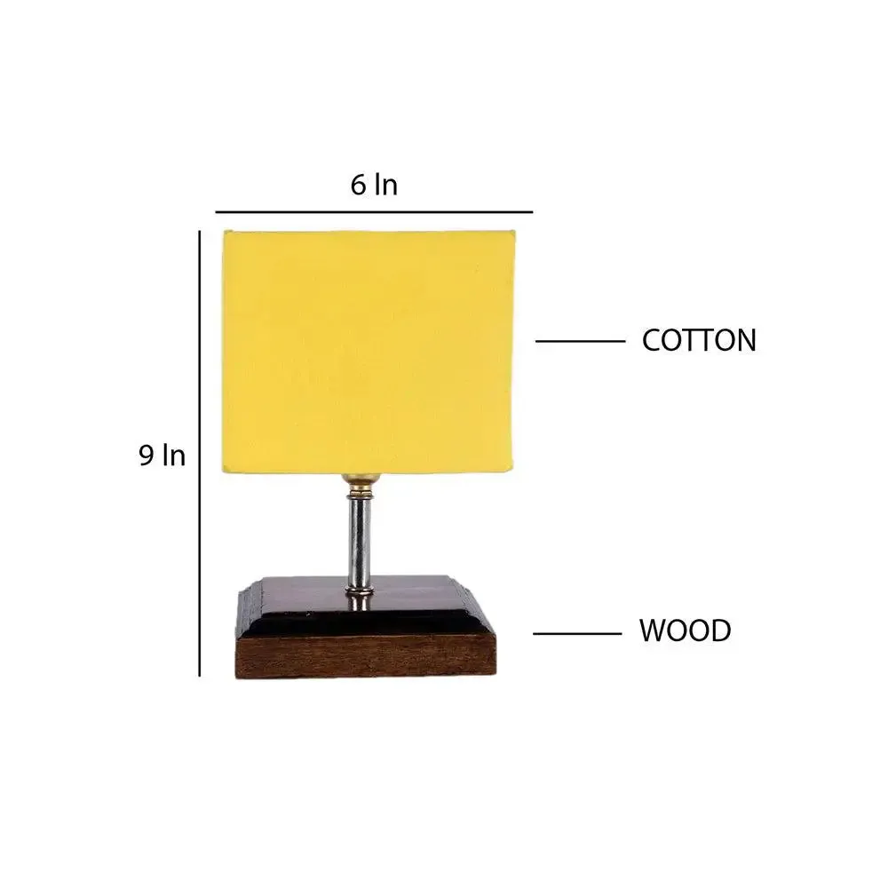 Square Wood Table Lamp with Yellow Cotton Shade Single Piece