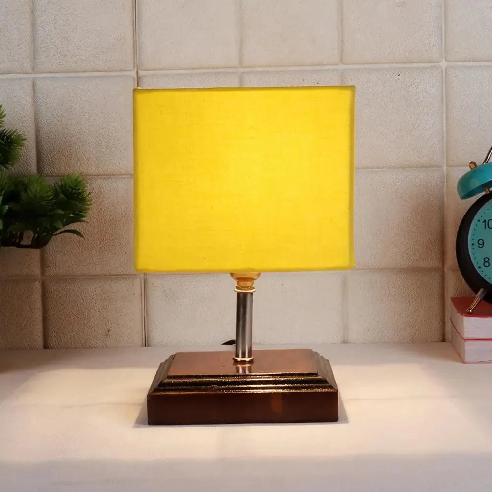 Square Wood Table Lamp with Yellow Cotton Shade Single Piece