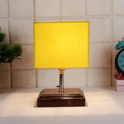 Square Wood Table Lamp with Yellow Cotton Shade