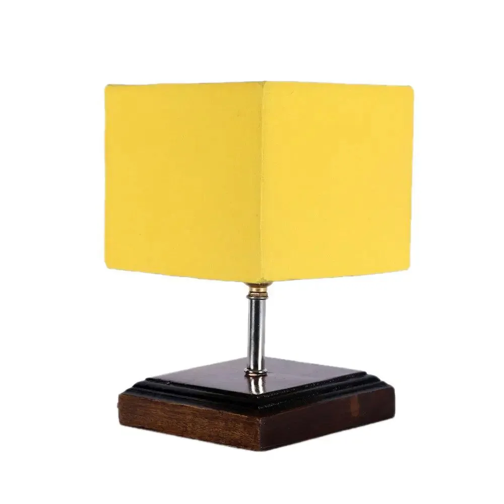 Square Wood Table Lamp with Yellow Cotton Shade Single Piece