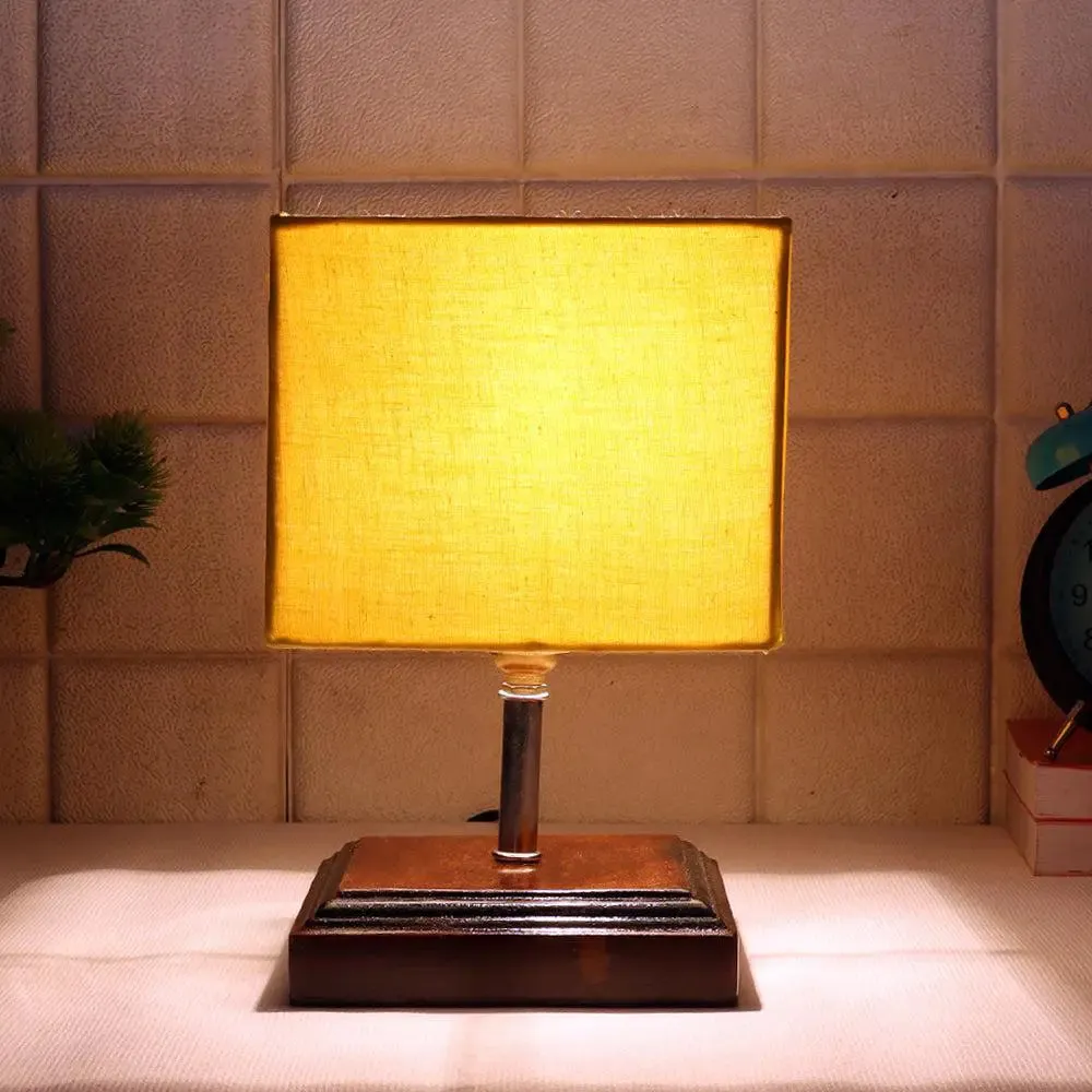 Square Wood Table Lamp with Yellow Cotton Shade Single Piece