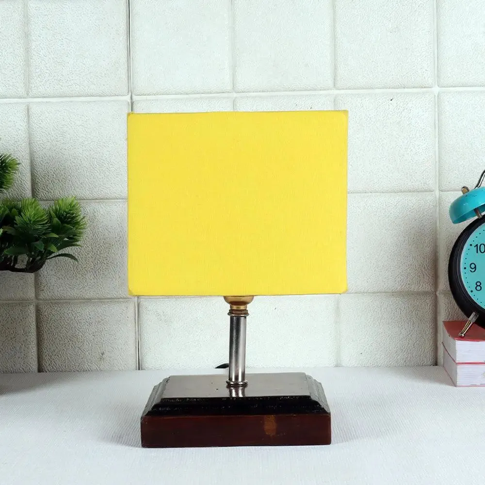 Square Wood Table Lamp with Yellow Cotton Shade Single Piece