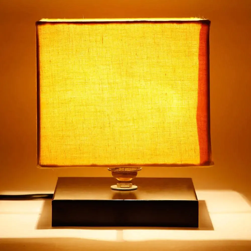 Square Yellow Cotton Shade Table Lamp with Iron Base Single Piece