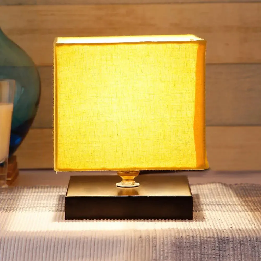 Square Yellow Cotton Shade Table Lamp with Iron Base Single Piece