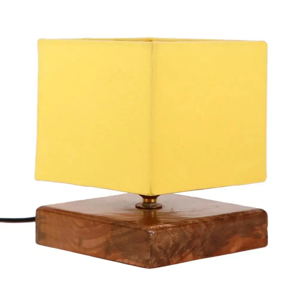 Square Yellow Cotton Shade Table Lamp with Wood Base Single Piece
