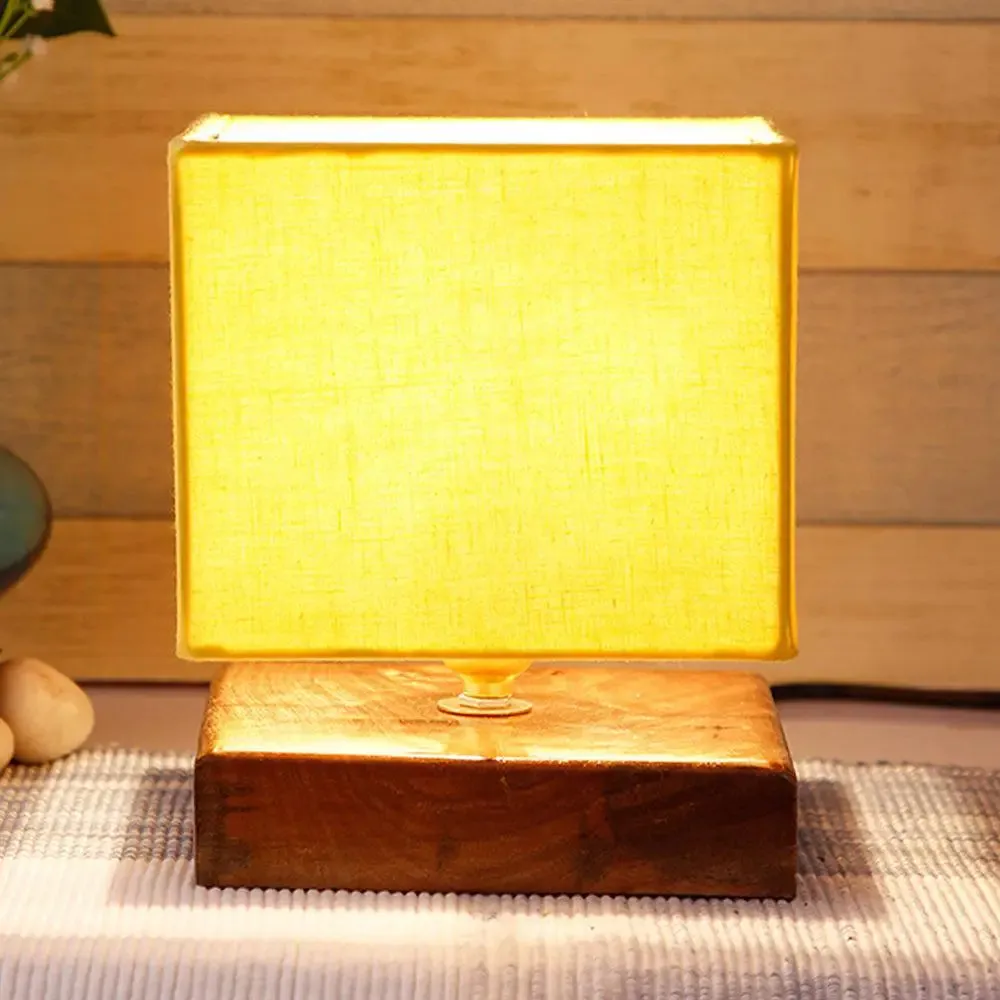 Square Yellow Cotton Shade Table Lamp with Wood Base Single Piece