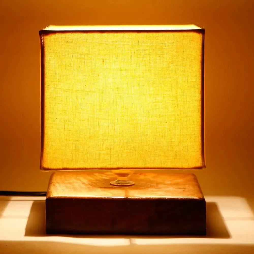 Square Yellow Cotton Shade Table Lamp with Wood Base Single Piece