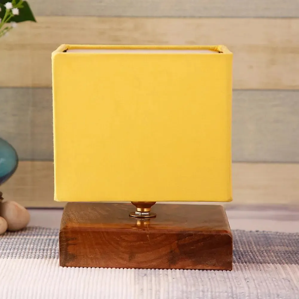 Square Yellow Cotton Shade Table Lamp with Wood Base Single Piece