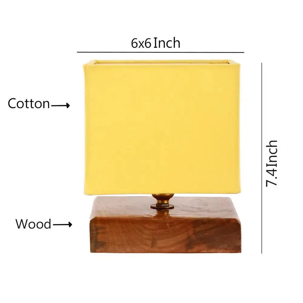 Square Yellow Cotton Shade Table Lamp with Wood Base Single Piece