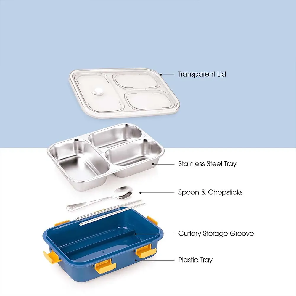 Stainless Steel Rectangular 3 Compartment Bento Lunch Box With a Spoon & 2 Chopsticks