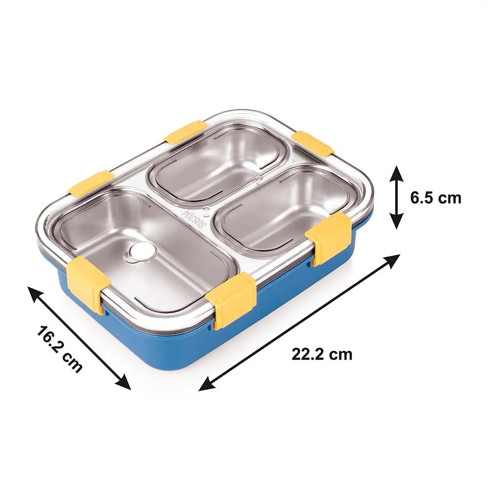 Stainless Steel Rectangular 3 Compartment Bento Lunch Box With a Spoon & 2 Chopsticks
