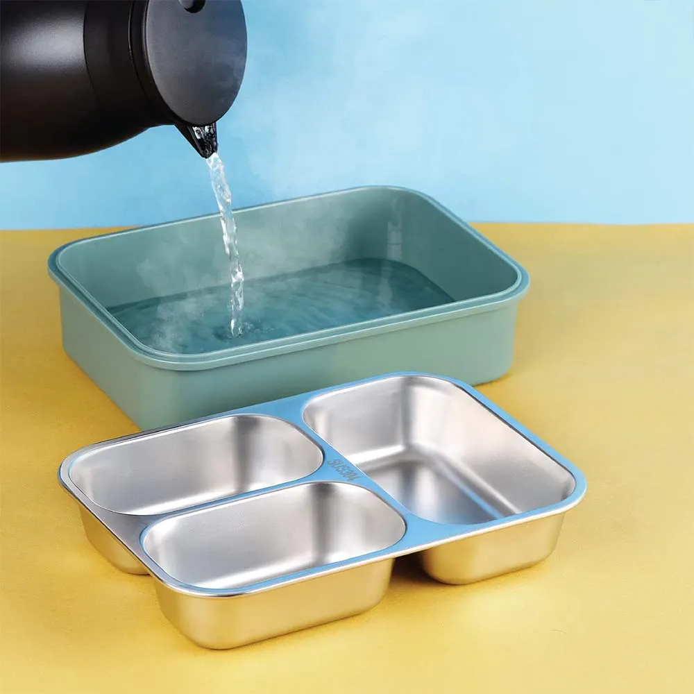 Stainless Steel Rectangular 3 Compartment Bento Lunch Box With a Spoon & 2 Chopsticks