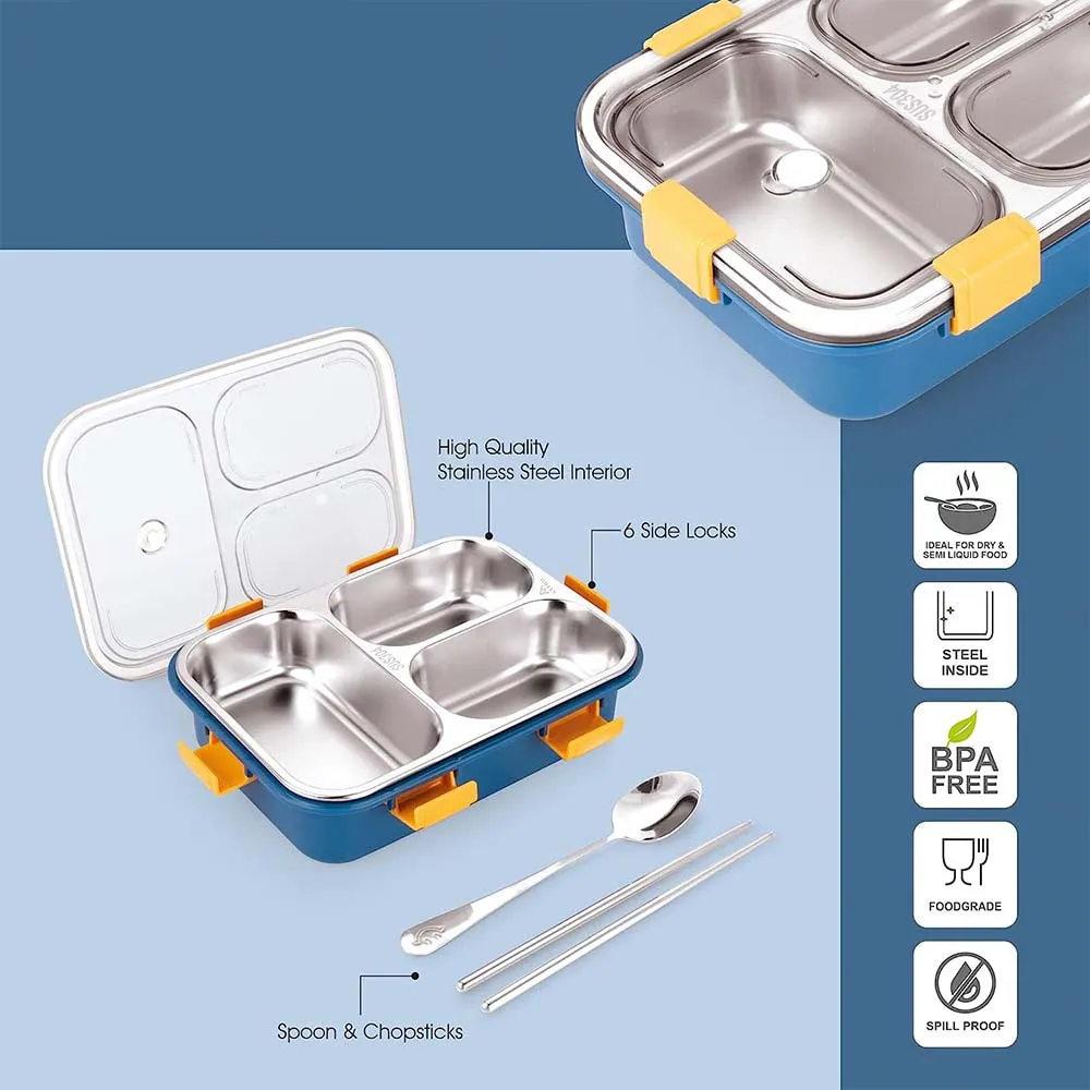 Stainless Steel Rectangular 3 Compartment Bento Lunch Box With a Spoon & 2 Chopsticks