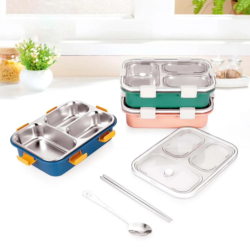 Stainless Steel Rectangular 3 Compartment Bento Lunch Box With a Spoon & 2 Chopsticks