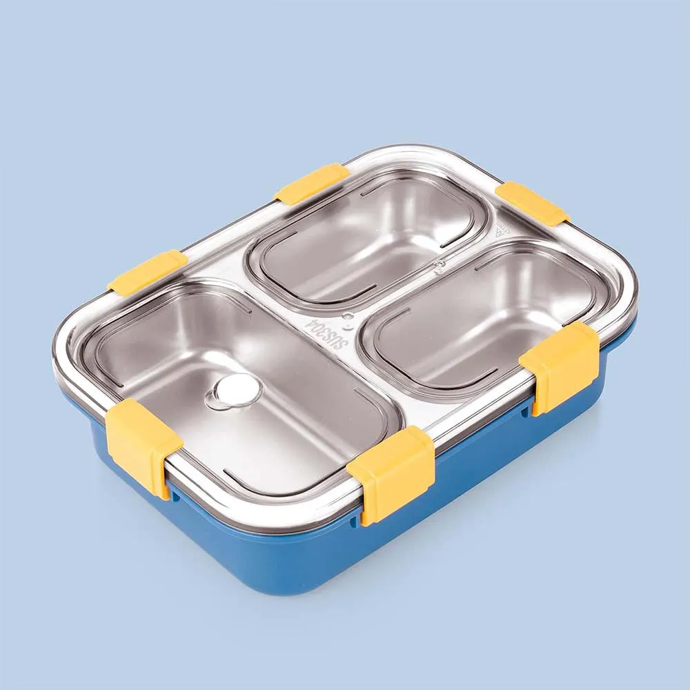 Stainless Steel Rectangular 3 Compartment Bento Lunch Box With a Spoon & 2 Chopsticks