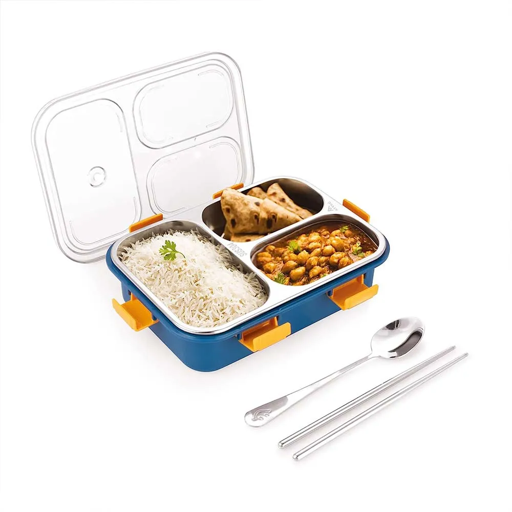 Stainless Steel Rectangular 3 Compartment Bento Lunch Box With a Spoon & 2 Chopsticks