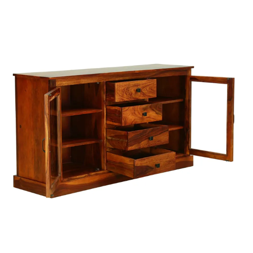 Standard Designer Sheesham Wood Sideboard With Glass Doors