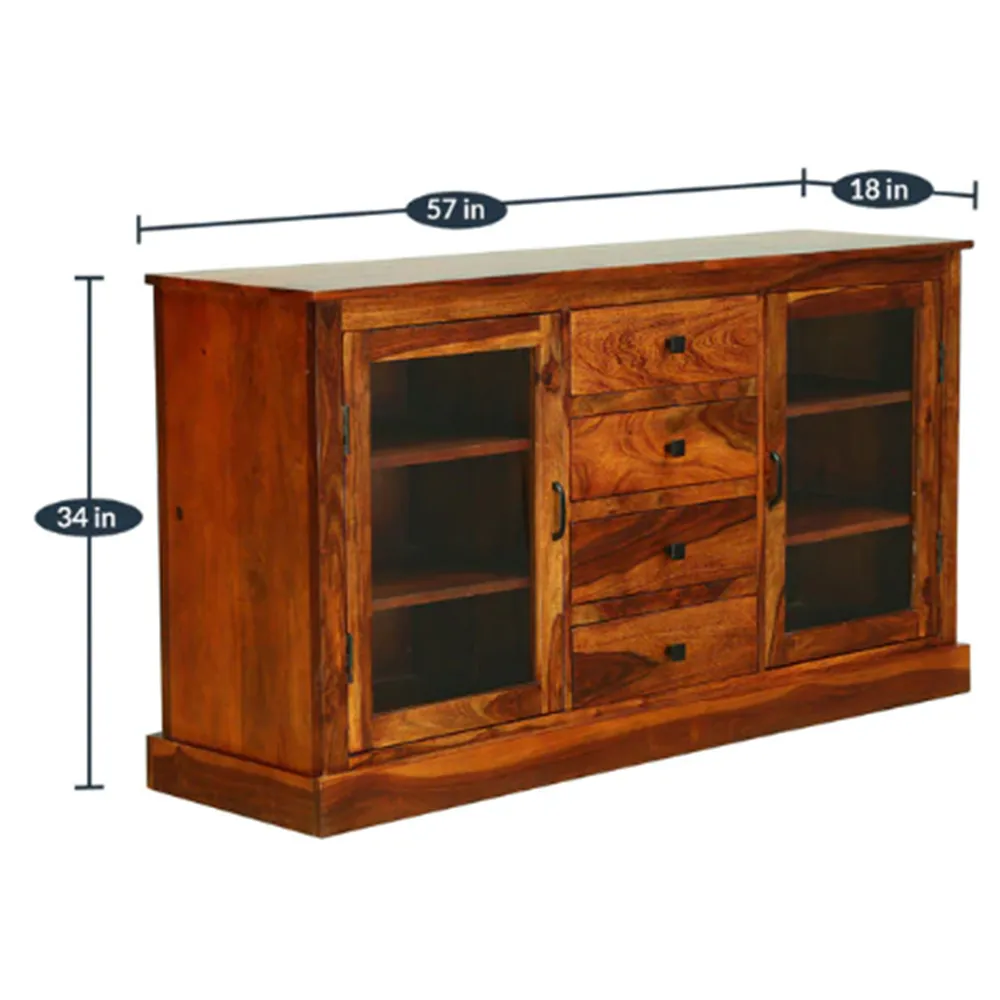 Standard Designer Sheesham Wood Sideboard With Glass Doors
