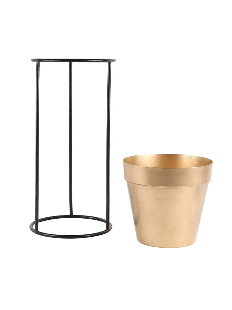 Standard Metal Black Planters With Tall Golden Stand Set Of 2