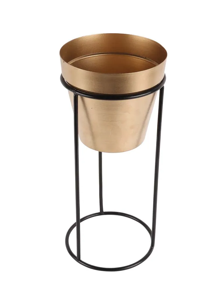 Standard Metal Black Planters With Tall Golden Stand Set Of 2