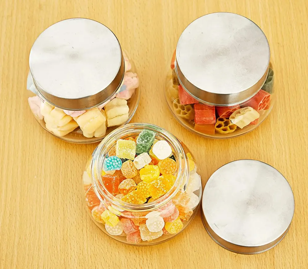 Standard Oval Airtight Glass Kitchen Storage Container With Silver Lid Set Of 3 (300 ml)