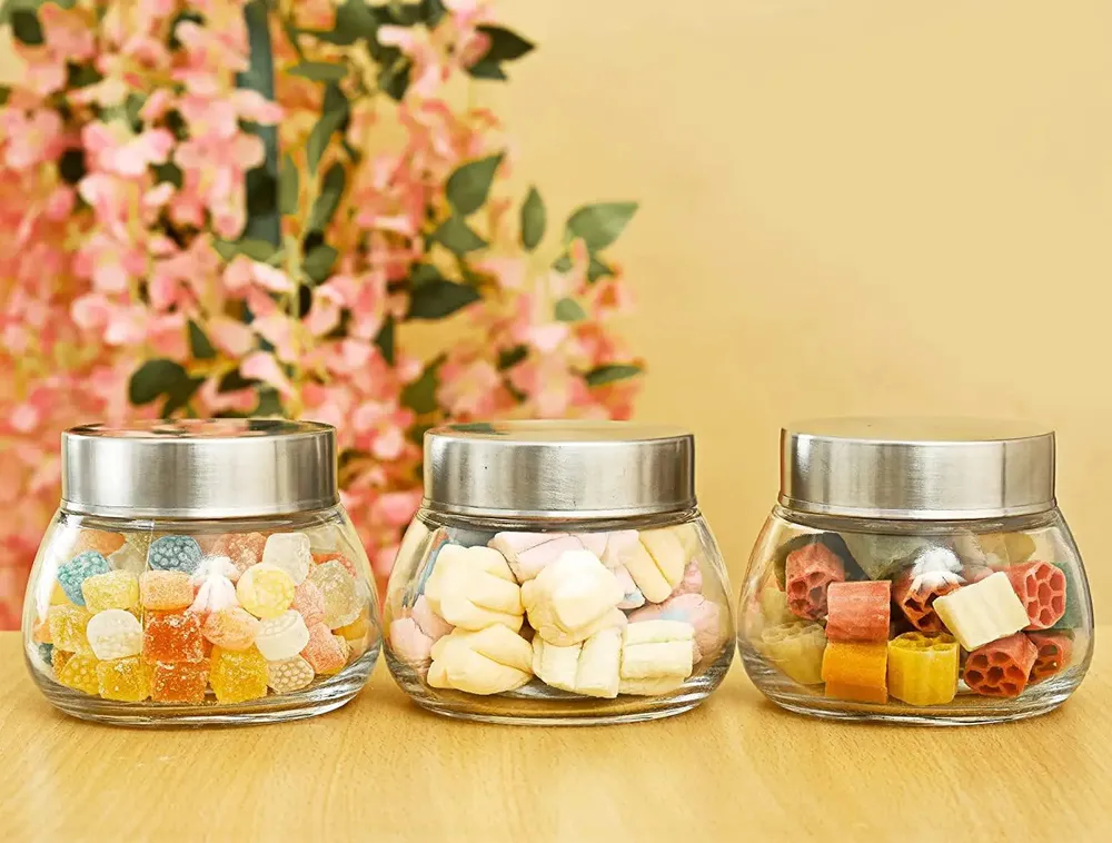 Standard Oval Airtight Glass Kitchen Storage Container With Silver Lid Set Of 3 (300 ml)