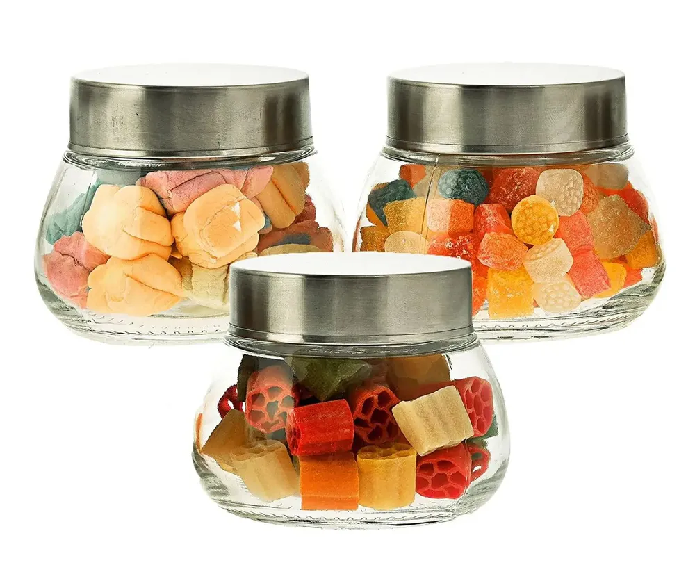 Standard Oval Airtight Glass Kitchen Storage Container With Silver Lid Set Of 3 (300 ml)