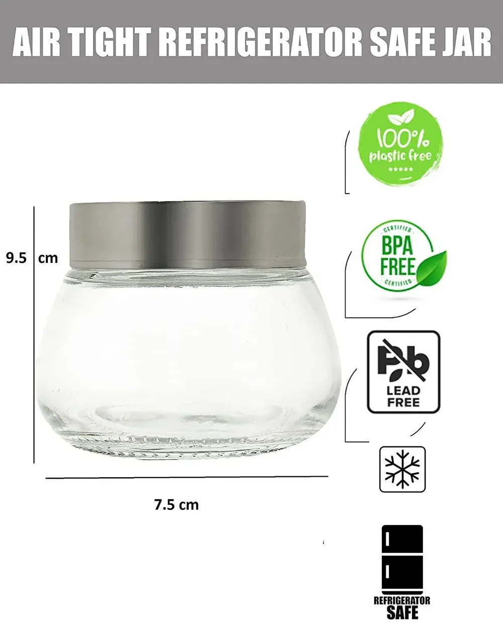 Standard Oval Airtight Glass Kitchen Storage Container With Silver Lid Set Of 3 (300 ml)