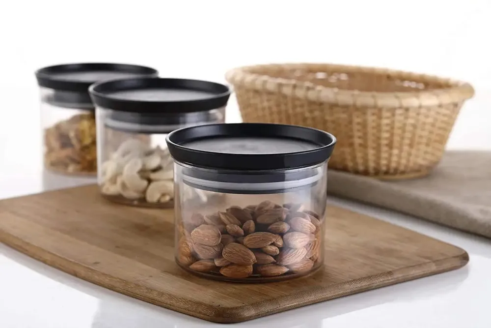 Standard Round Small Plastic Kitchen Storage Container With Black Airtight Lid Set Of 6 (500 ml)