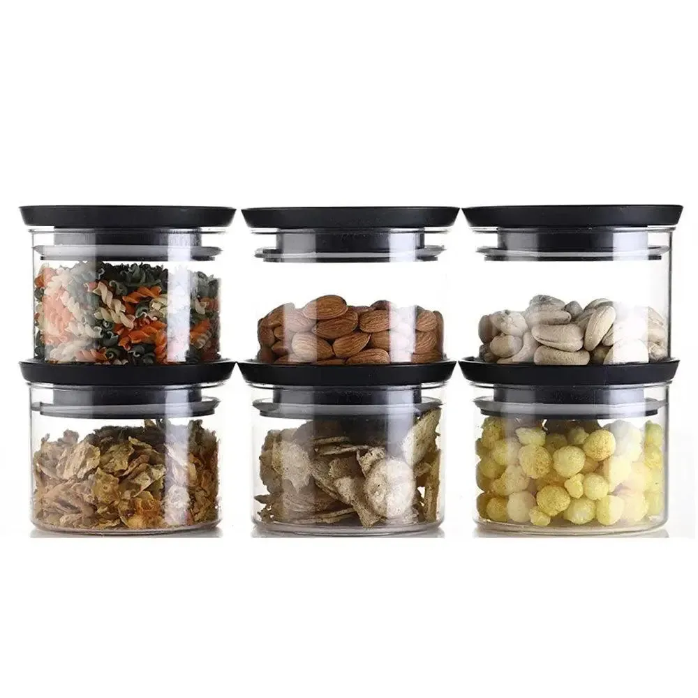 Standard Round Small Plastic Kitchen Storage Container With Black Airtight Lid Set Of 6 (500 ml)