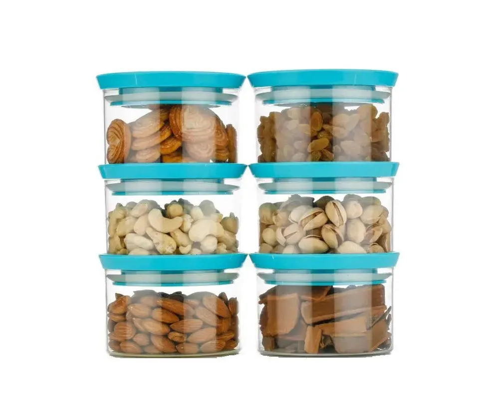 Standard Round Small Plastic Kitchen Storage Container With Blue Airtight Lid Set Of 6 (500 ml)