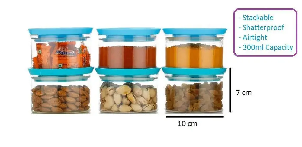 Standard Round Small Plastic Kitchen Storage Container With Blue Airtight Lid Set Of 6 (500 ml)