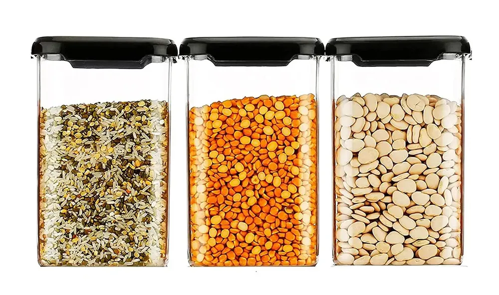 Standard Square Airtight Plastic Kitchen Storage Container With Black Lid Set Of 6 (1100 ml)