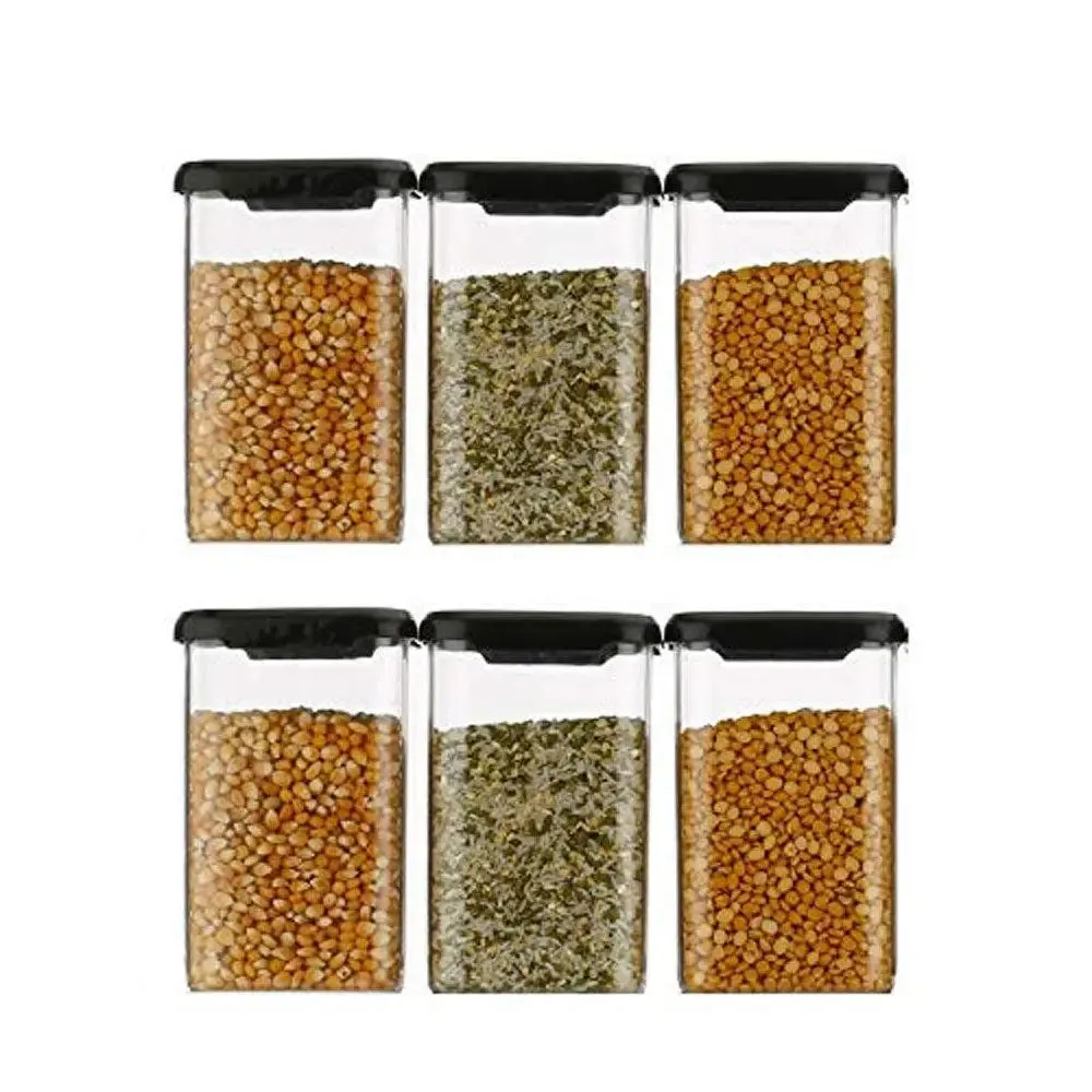 Standard Square Airtight Plastic Kitchen Storage Container With Black Lid Set Of 6 (1100 ml)
