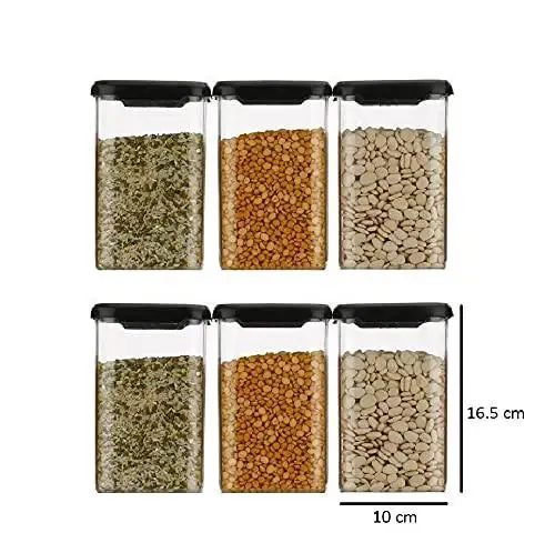 Standard Square Airtight Plastic Kitchen Storage Container With Black Lid Set Of 6 (1100 ml)