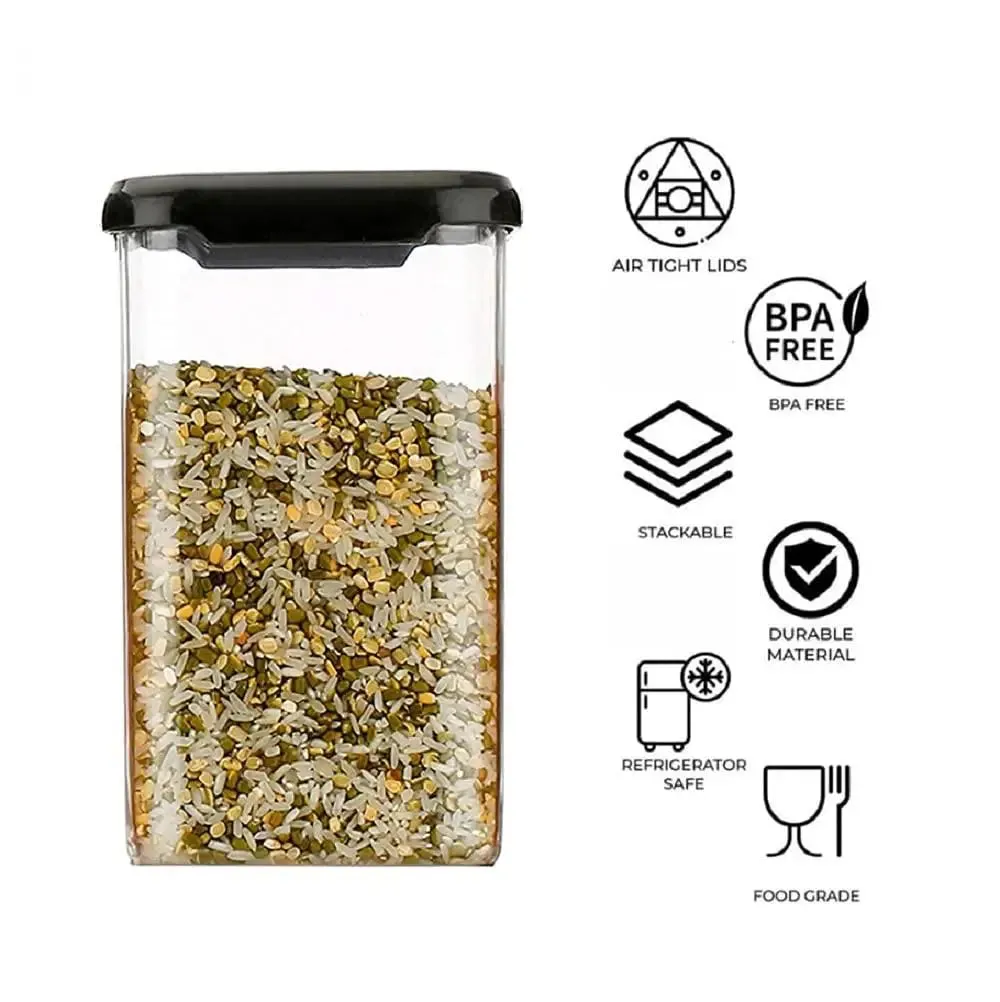 Standard Square Airtight Plastic Kitchen Storage Container With Black Lid Set Of 6 (1100 ml)