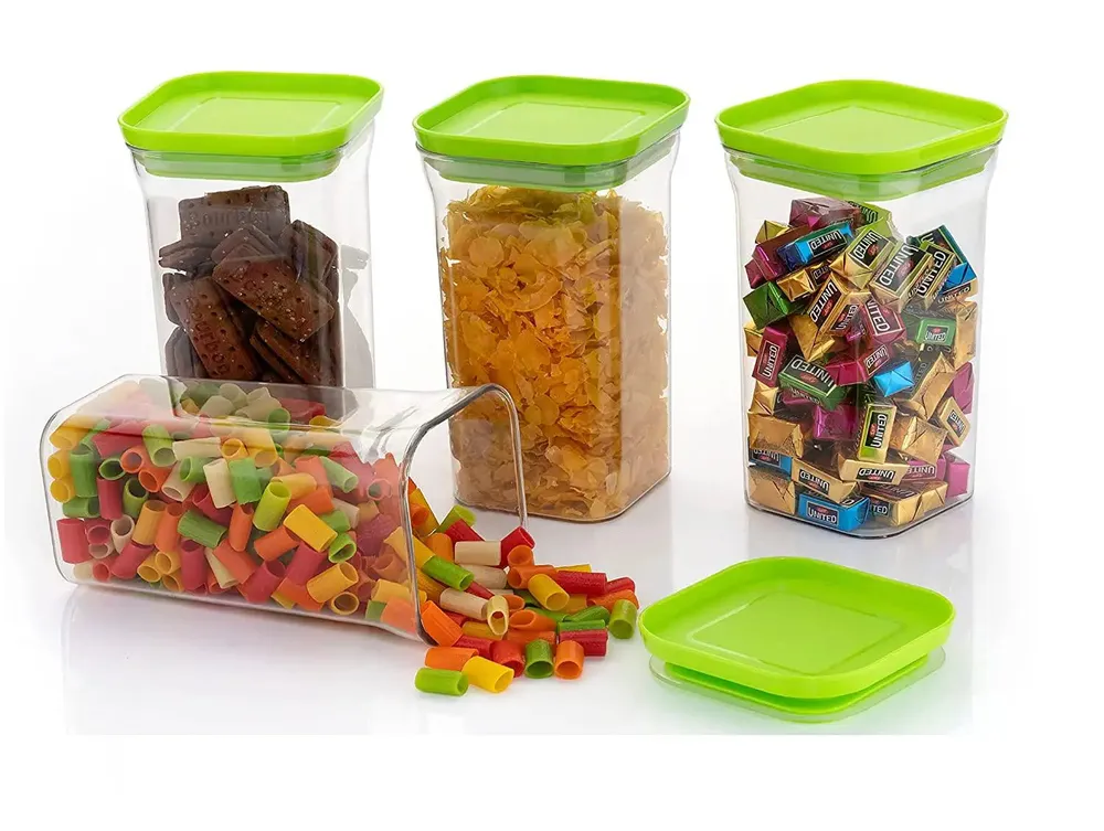 Standard Square Airtight Plastic Kitchen Storage Container With Green Lid Set Of 6 (1100 ml)