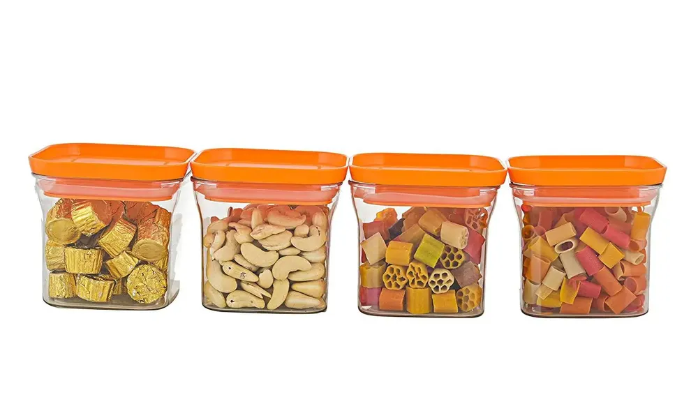 Standard Square Airtight Plastic Kitchen Storage Container With Orange Lid Set Of 4 (1100 ml)
