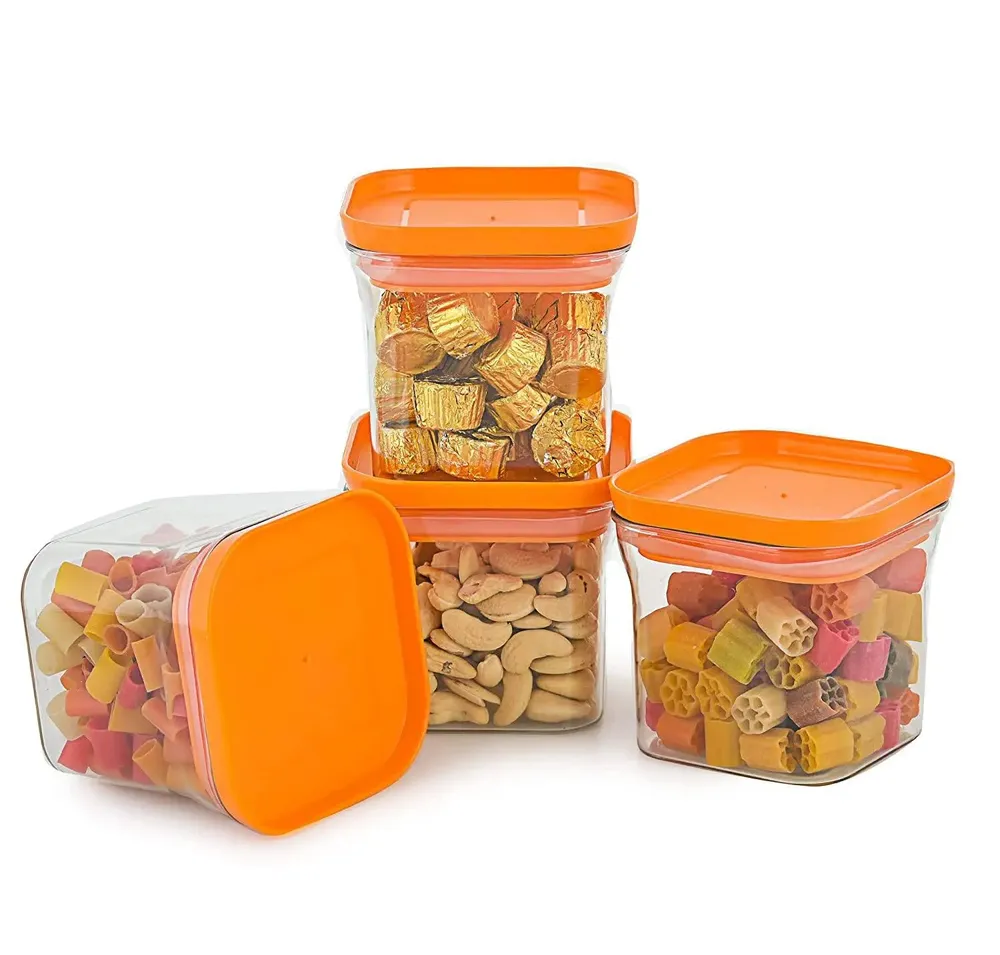 Standard Square Airtight Plastic Kitchen Storage Container With Orange Lid Set Of 4 (1100 ml)