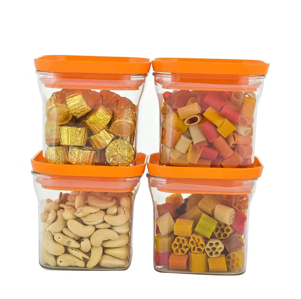 Standard Square Airtight Plastic Kitchen Storage Container With Orange Lid Set Of 4 (1100 ml)