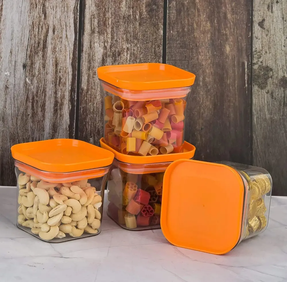 Standard Square Airtight Plastic Kitchen Storage Container With Orange Lid Set Of 4 (1100 ml)