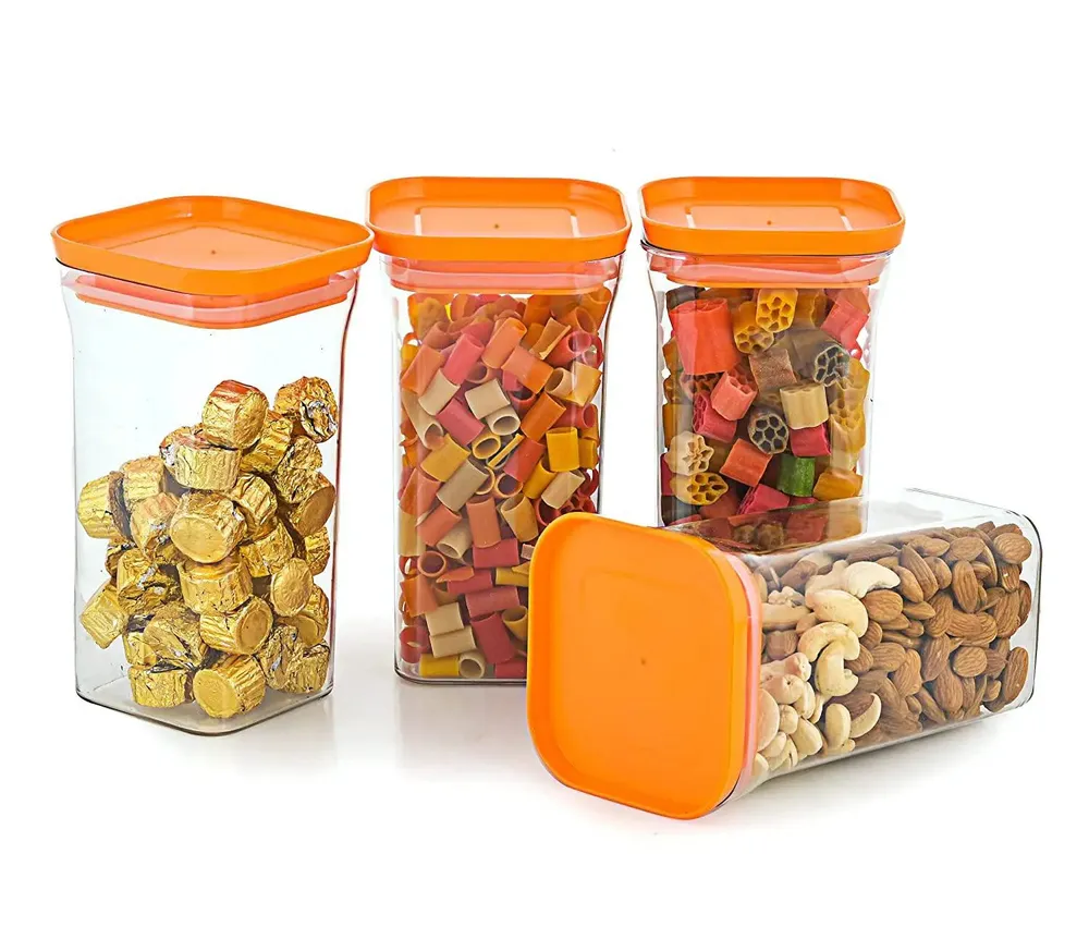 Standard Square Airtight Plastic Kitchen Storage Container With Orange Lid Set Of 6 (1100 ml)